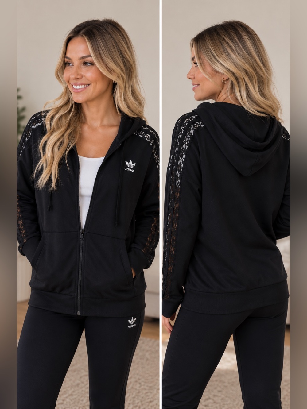 adidas Black Lace-Trim Full-Zip Hooded Jacket